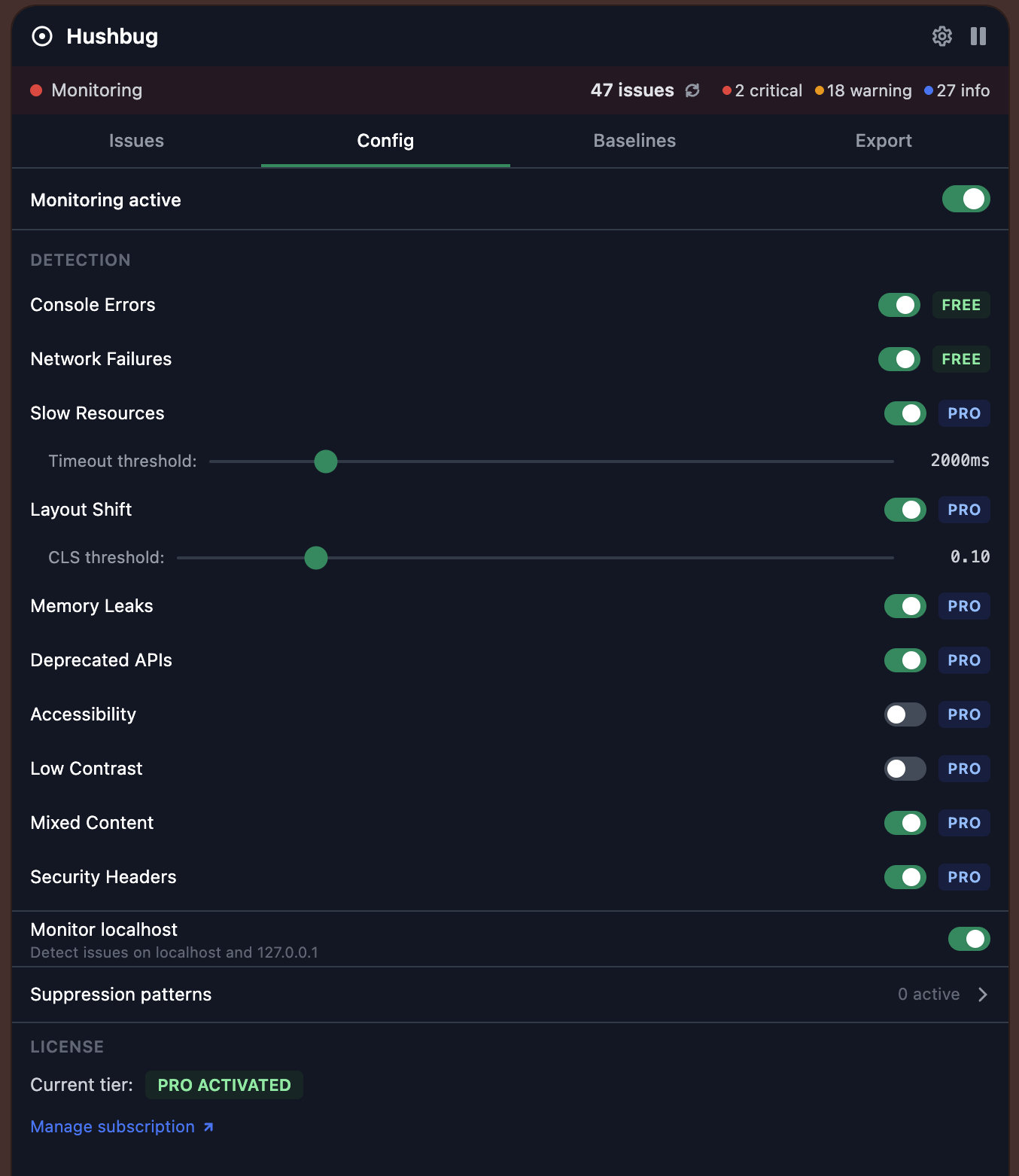 HushBug Config tab showing 10 detectors across 5 categories with individual toggles and threshold controls