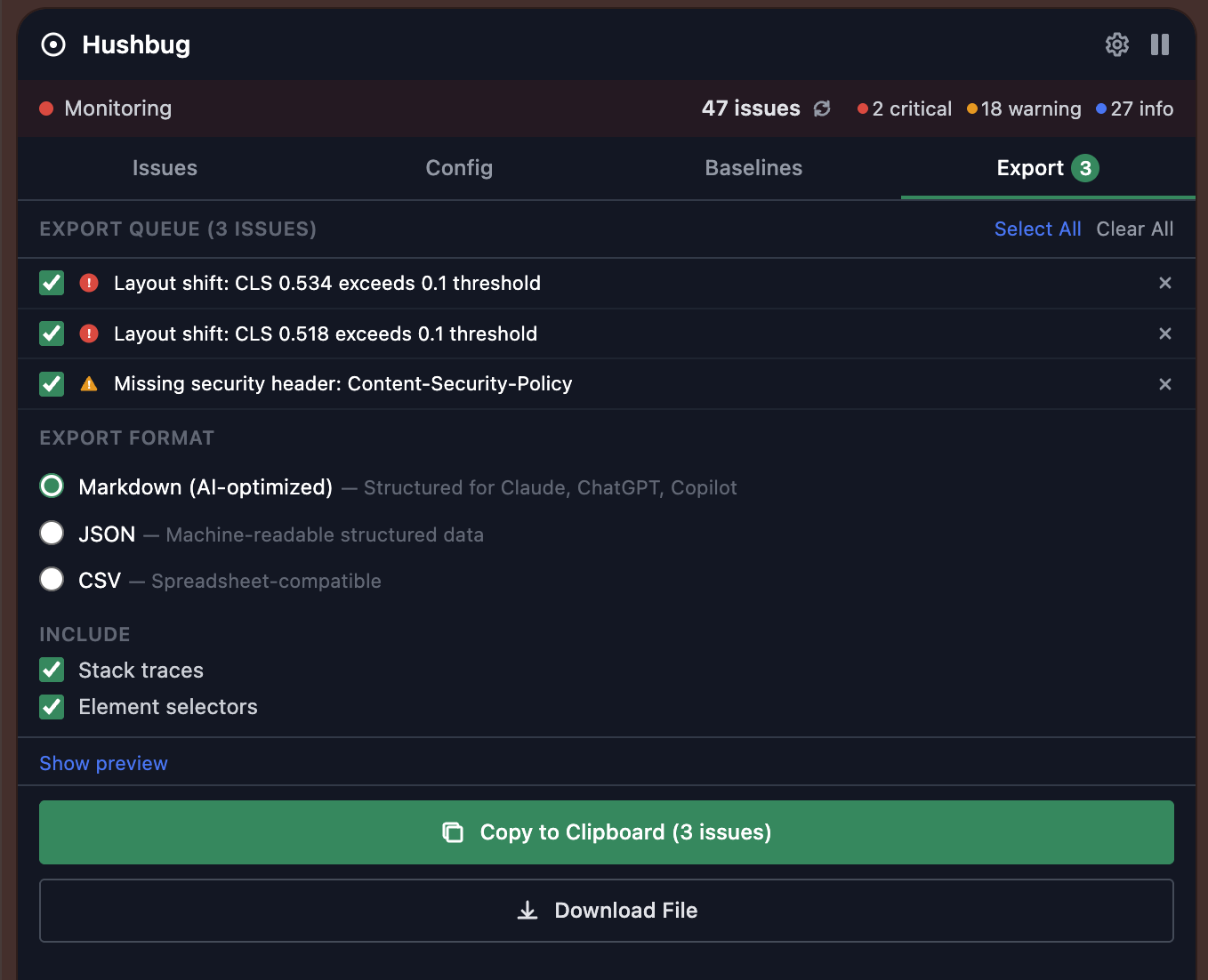 HushBug Export tab showing issue queue with AI-optimized markdown export, JSON, and CSV format options