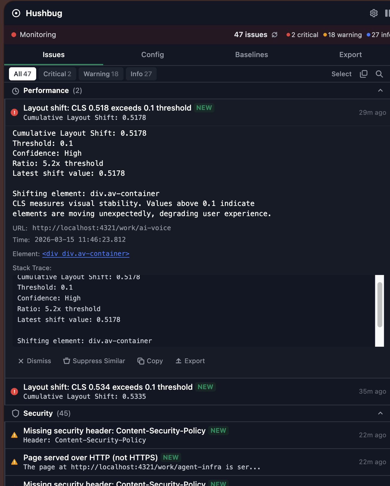 HushBug Issues tab showing detected performance and security issues with expanded detail view, stack traces, and action buttons